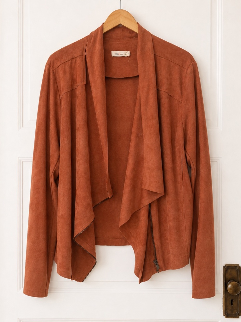 Millibon Rust Faux Suede Moto Jacket Draped Front Size M